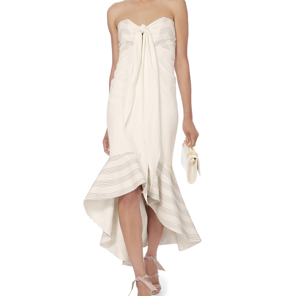 Alexis Strapless Cream Midi Dress with Subtle Gray Stripe Detail